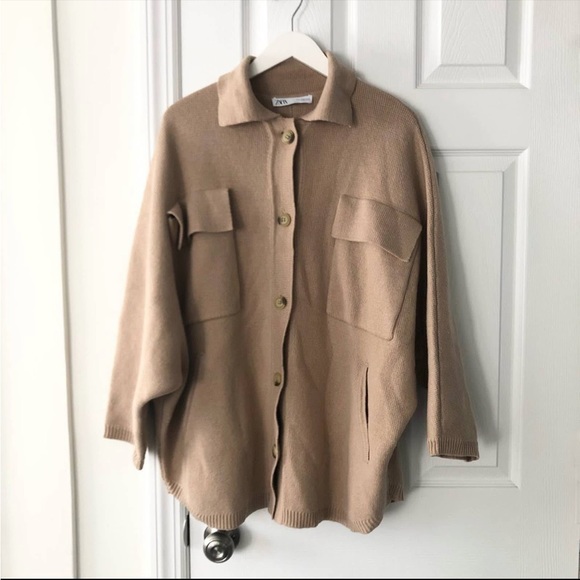 Zara Beige Oversized Knit Button Down Shacket Relaxed Sleeves - Picture 2 of 10